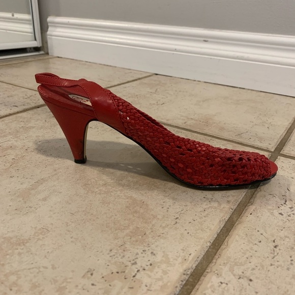 Vintage Cara Mia Woven Red Peep Toe Slingback Heels | Made in Taiwan ROC | 7.5M - Picture 4 of 9